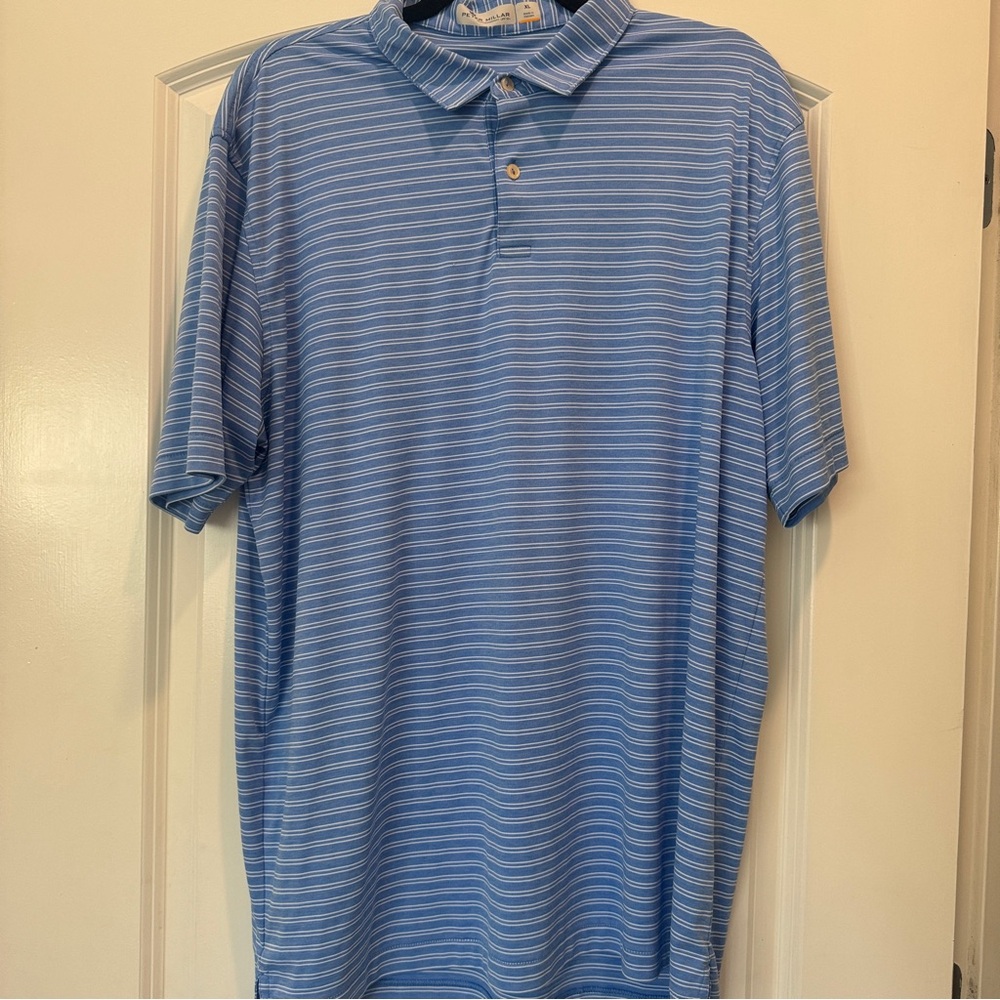 Peter Millar Featherweight fabric light blue stripe golf polo preppy XL